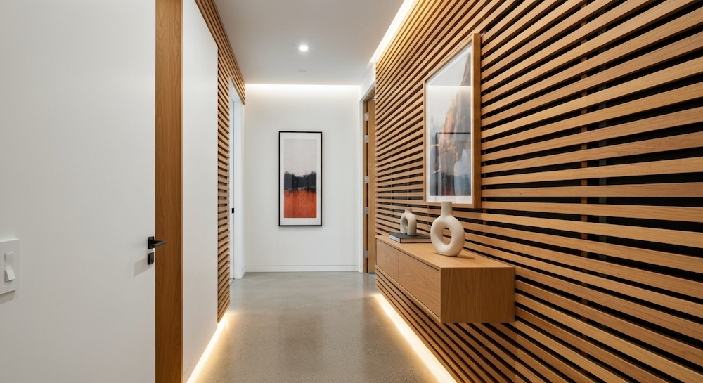 mały korytarz z lamelami z drewna na ścianie po prawej stronie  przedpokój z lamelami na ścianie i obrazem nad półką