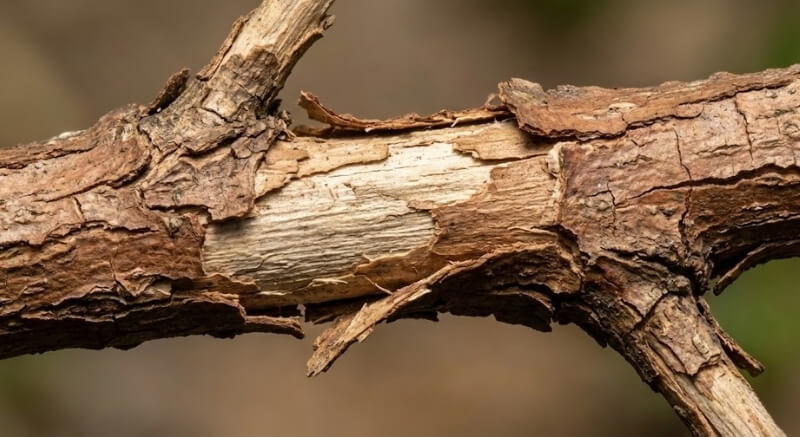 choroby bukszpanów – zdjęcia pękniętej kory