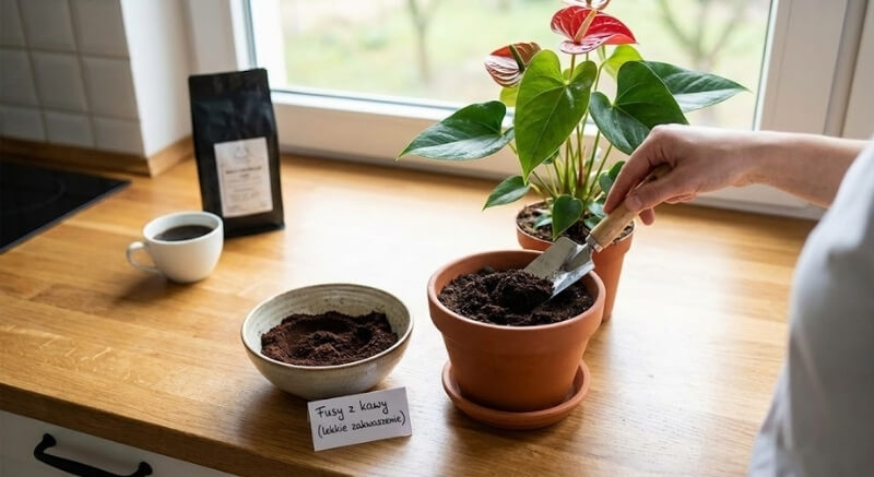 dodanie fusów z kawy do ziemi anturium