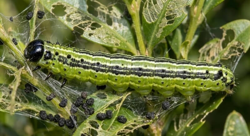 zielona gąsienica z czarną głową na liściu