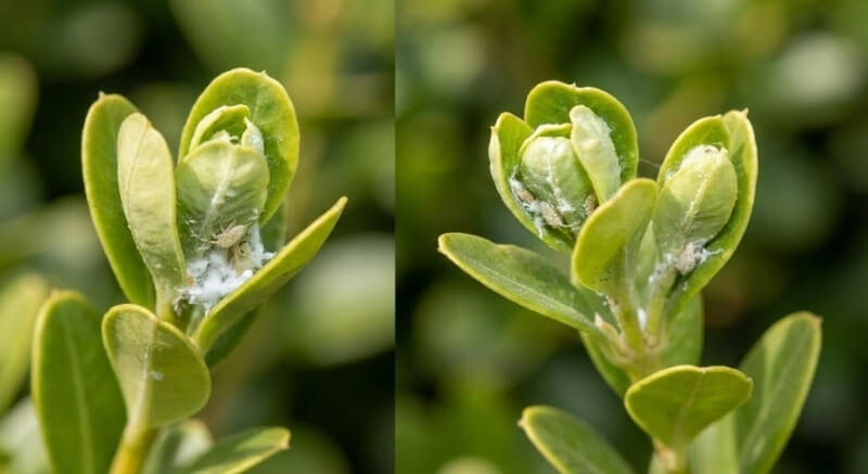 miodówka bukszpanowa na wierzchołku liści