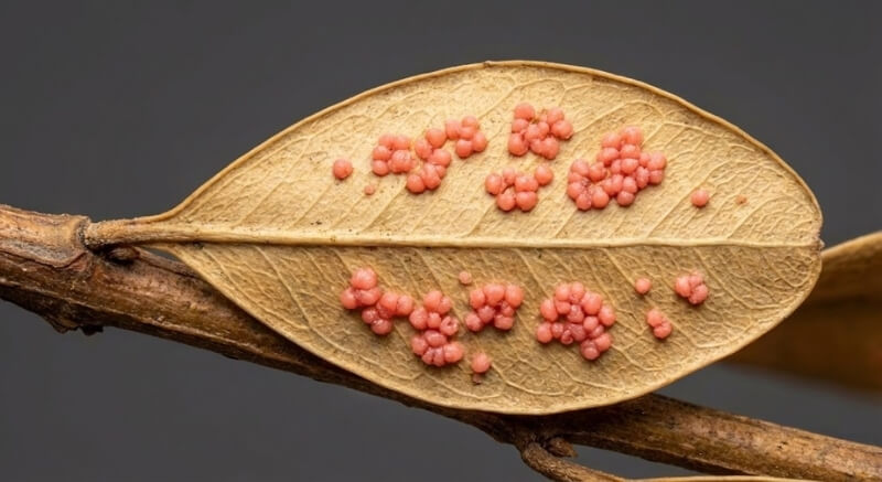 różowe zarodniki na martwych liściach