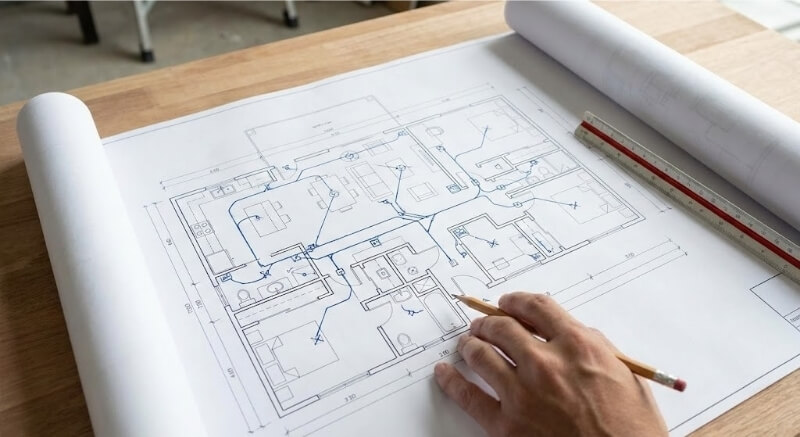 schemat instalacji elektrycznej naszkicowany na kartce