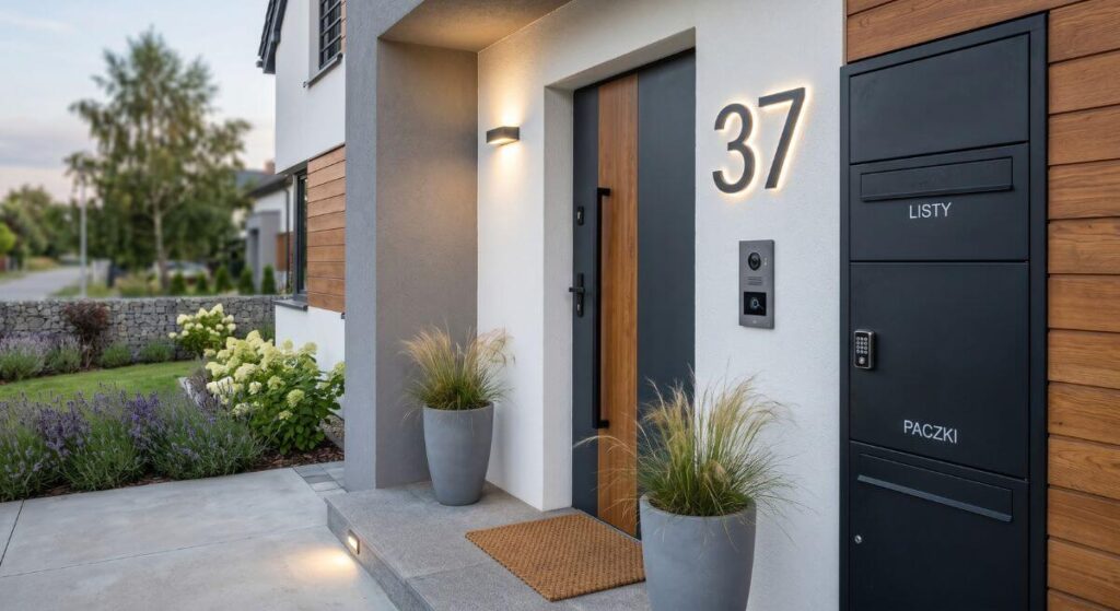 Podświetlany numer posesji na białej elewacji i nowoczesna czarna skrzynka na paczki zamontowana przy drzwiach.