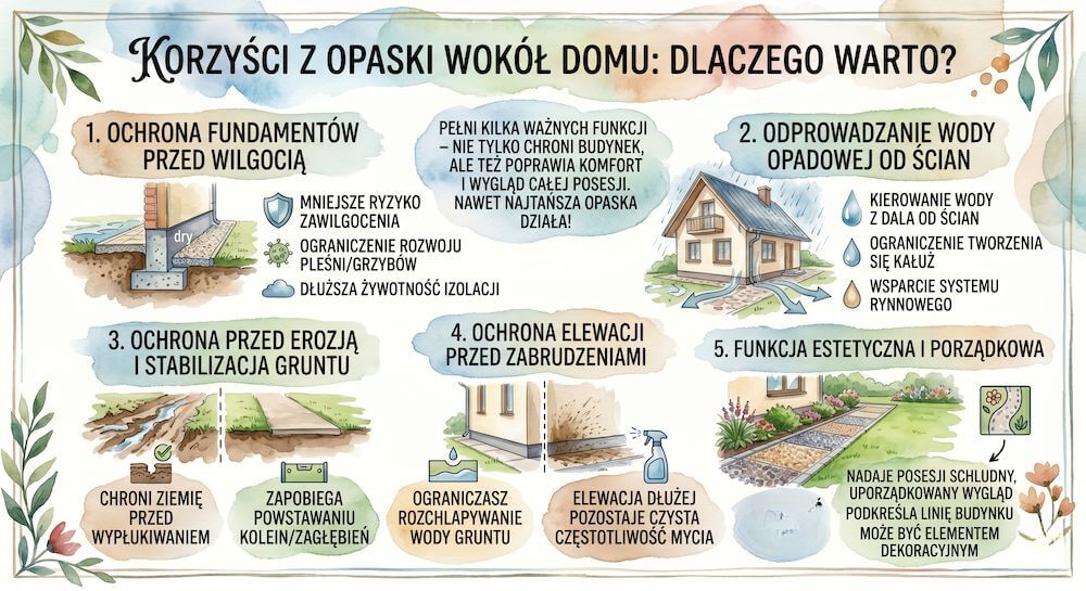 ak najtańsza opaska wokół domu chroni fundamenty przed wilgocią i elewację przed brudem Najważniejsze korzyści z opaski wokół domu