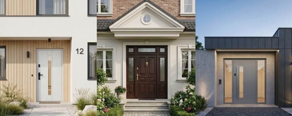 Zestawienie trzech stylów skrzydeł drzwiowych: białych skandynawskich, klasycznych brązowych i nowoczesnych szarych z czytnikiem.