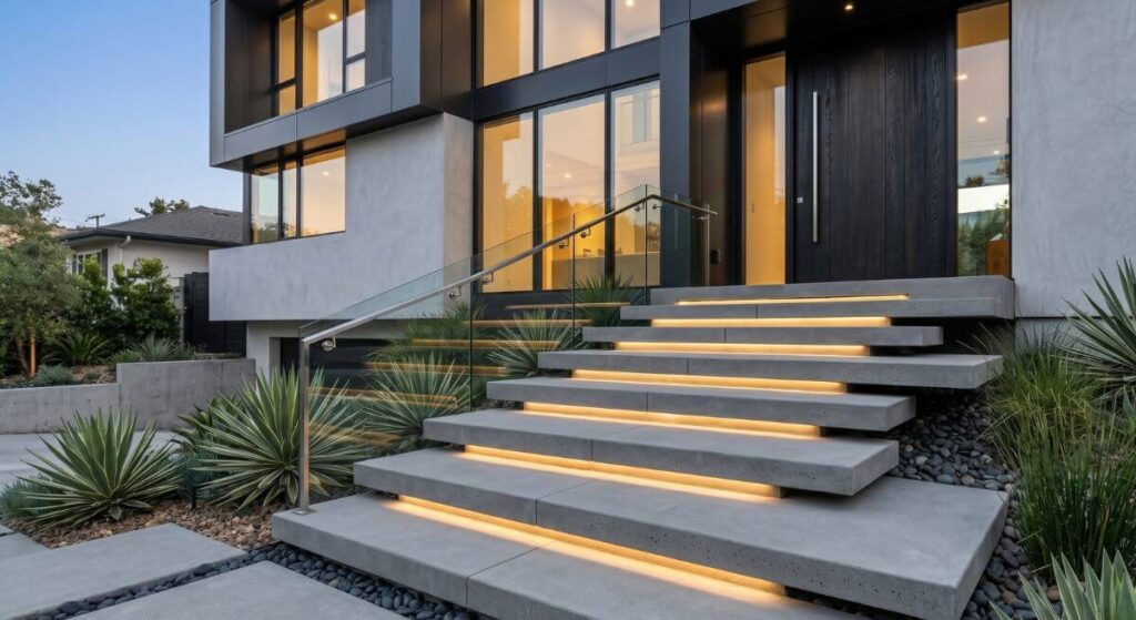 Inspiracje na schody zewnętrzne z betonu architektonicznego – czyste, minimalistyczne stopnie ze szklaną balustradą.