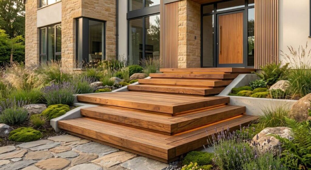 Masywne stopnie z ciemnego drewna z ciepłym podświetleniem LED ułożone wśród skał i lawendy.