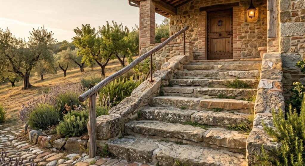 Stare, surowe kamienne stopnie prowadzące do drewnianych drzwi tradycyjnego domu wiejskiego pod zadaszonym gankiem.