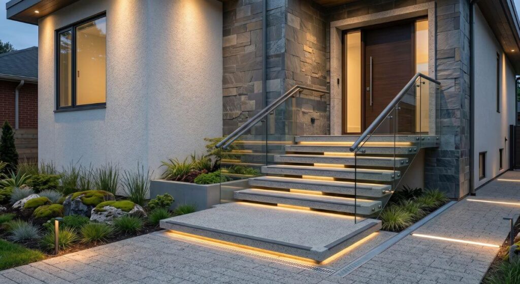 Inspiracje na schody zewnętrzne – betonowe schody lewitujące z podświetleniem LED i szklaną balustradą.