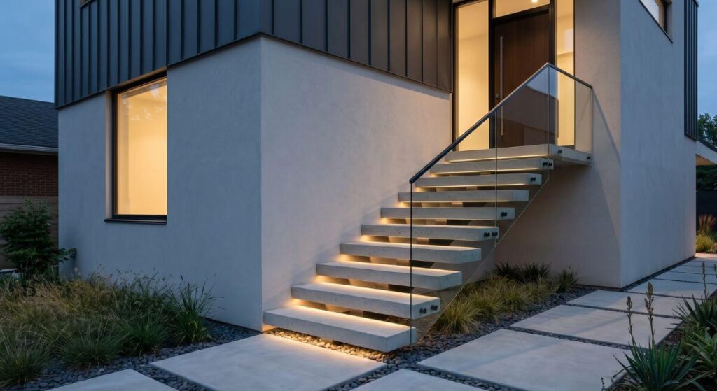 Betonowe lewitujące stopnie wsparte na stalowej osi otoczone szkłem w minimalistycznym wejściu.