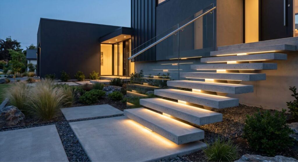 Inspiracje na schody zewnętrzne – betonowe schody lewitujące z podświetleniem LED i szklaną balustradą.