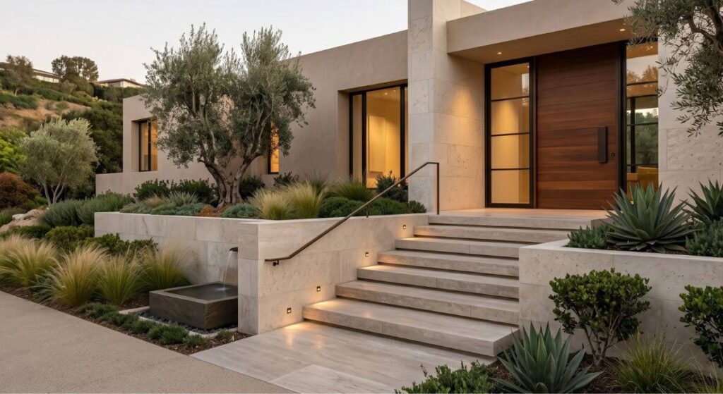 Szerokie stopnie z jasnego kamienia prowadzące do wejścia nowoczesnego domu