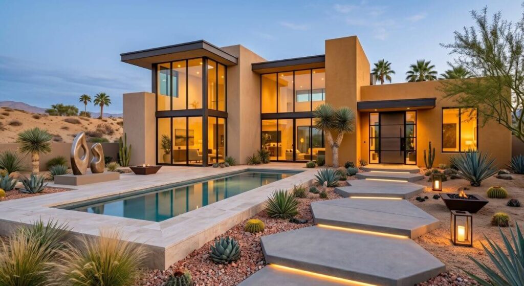 Inspiracje na schody zewnętrzne – sześciokątne lewitujące platformy prowadzące do nowoczesnej willi.