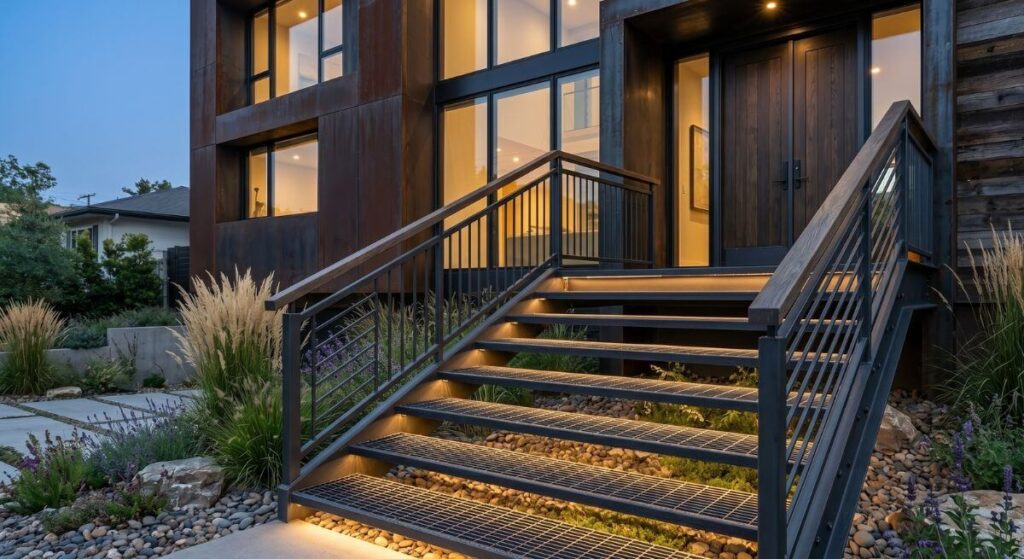 Stopnie z otwartej kraty stalowej z ciemną metalową ramą i poręczą w nowoczesnej górskiej chacie.