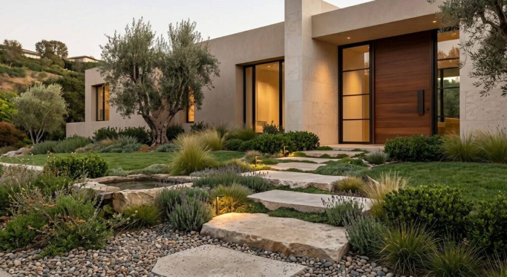 Inspiracje na schody zewnętrzne zintegrowane z ogrodem – nieregularne kamienne płyty wśród zieleni.