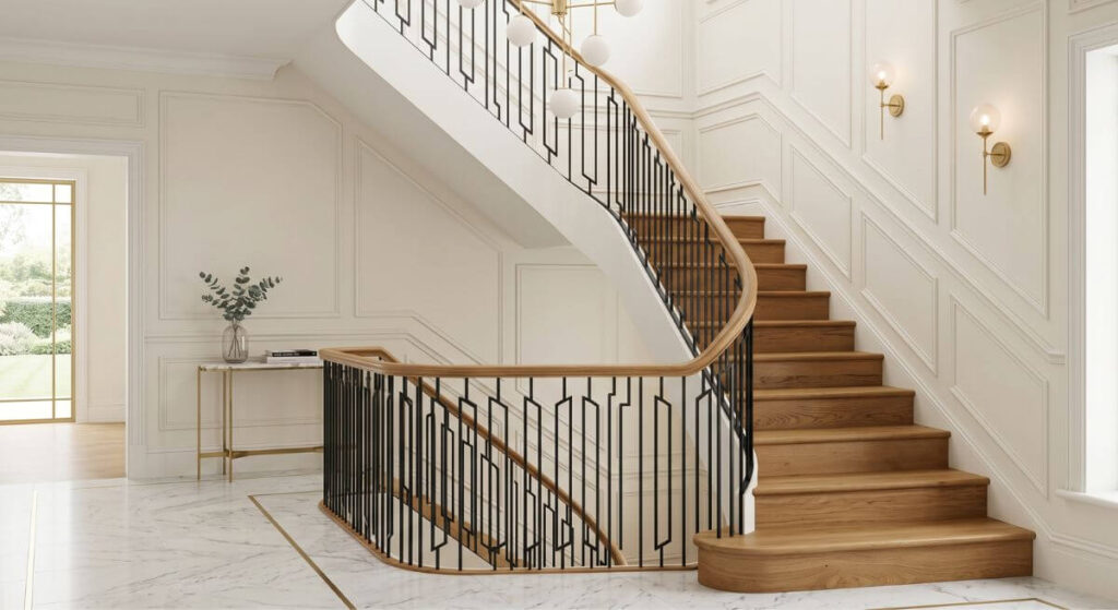 Elegancka klatka schodowa - inspiracje łączące klasykę, nowoczesność i subtelną sztukaterię