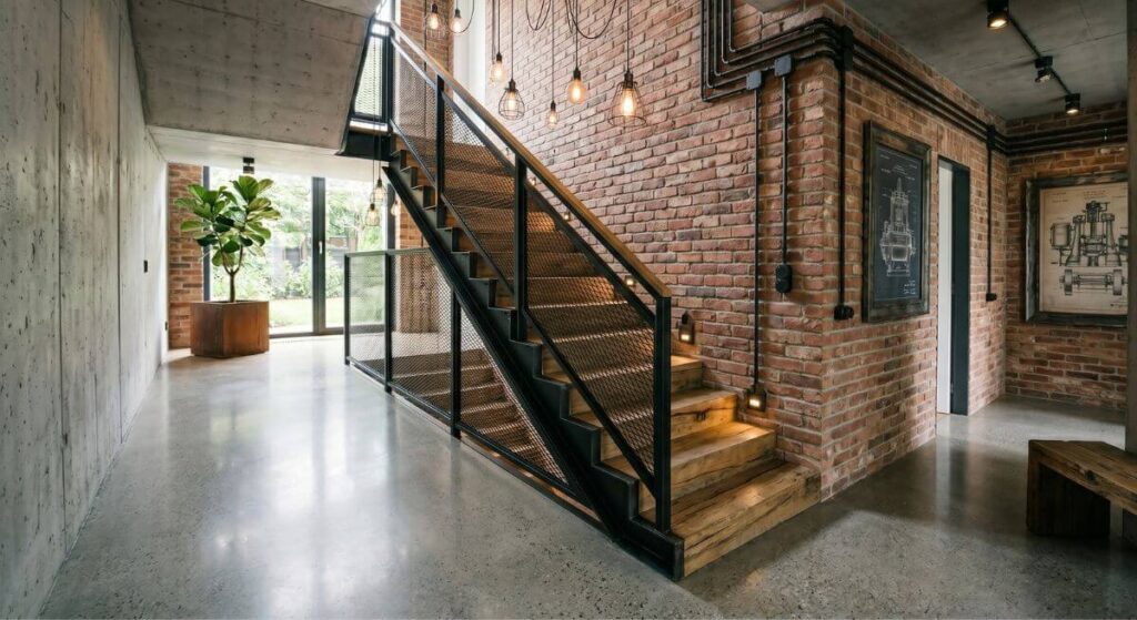 Industrialne schody ze stalową konstrukcją na tle ściany z surowej czerwonej cegły