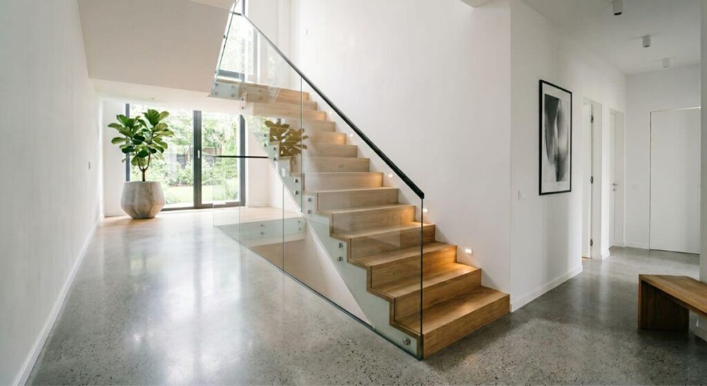 Minimalistyczna klatka schodowa - inspiracje z jasnymi drewnianymi stopniami i szklaną balustradą