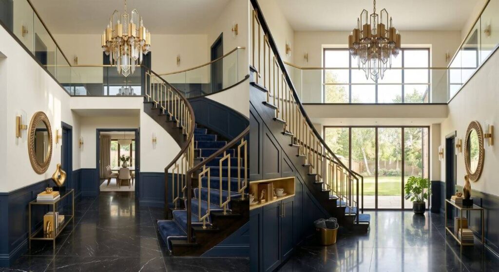 Luksusowa klatka schodowa - inspiracje w stylu modern glamour ze złotymi detalami