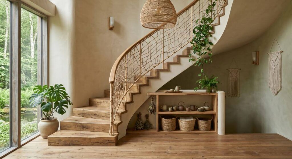 Drewniane schody z balustradą z liny i naturalnymi elementami plecionki