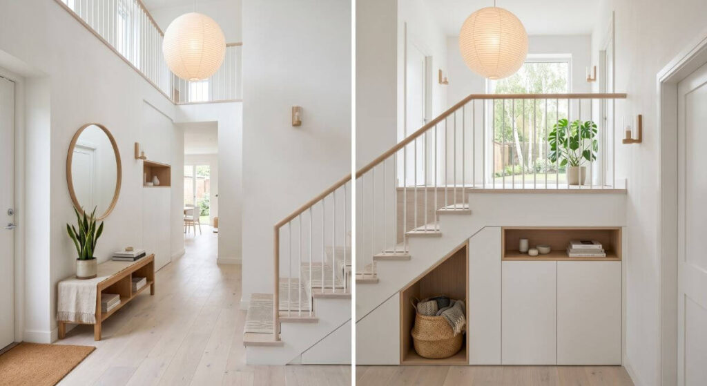 Jasne schody z praktyczną zabudową pod spodem w przytulnym stylu skandynawskim
