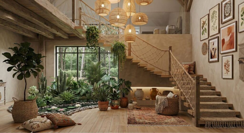 Przytulna klatka schodowa - inspiracje w swobodnym stylu boho z dużą ilością roślin