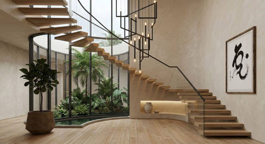 Minimalistyczne schody w stylu japandi, łączące jasne drewno z subtelną elegancją