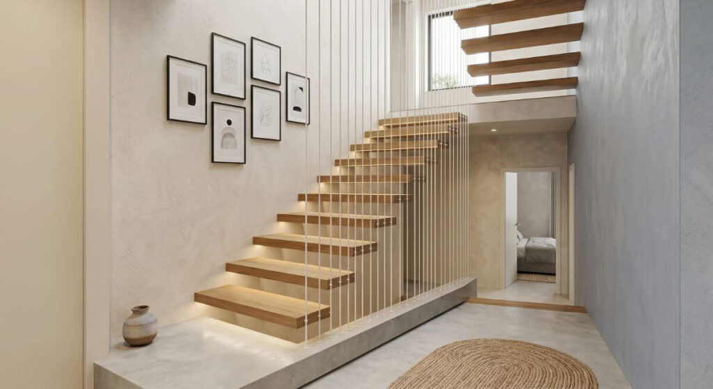 Mała klatka schodowa - inspiracje z lekką, podwieszaną konstrukcją stopni