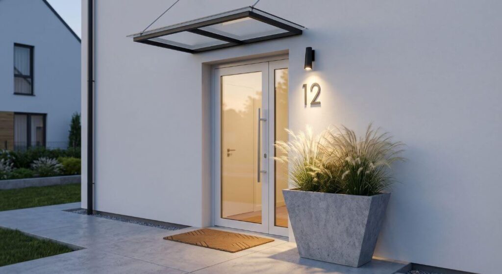 Małe wejście do domu - inspiracje z jasną elewacją, punktowym oświetleniem i szklanym daszkiem.