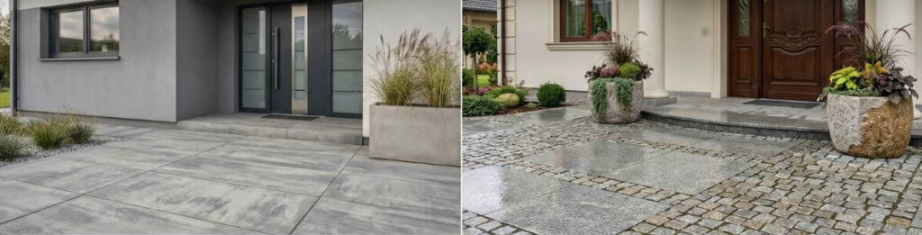 Nawierzchnia przed wejście do domu - inspiracje z wykorzystaniem gładkich systemów betonowych oraz tradycyjnej kostki z kamienia.