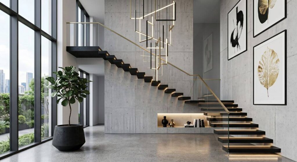 Nowoczesna klatka schodowa - inspiracje z lewitującymi stopniami i efektownym oświetleniem geometrycznym