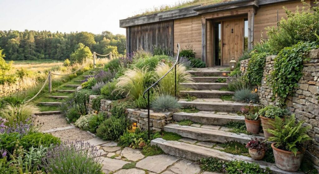 Schody z naturalnych bali drewna łagodnie wkomponowane w kwieciste, zielone zbocze – inspiracje na schody zewnętrzne.