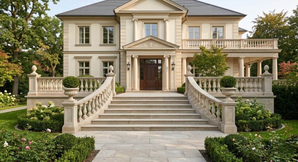 Reprezentacyjne, symetryczne schody z jasnego granitu z ozdobnymi tralkami – inspiracje na schody zewnętrzne.