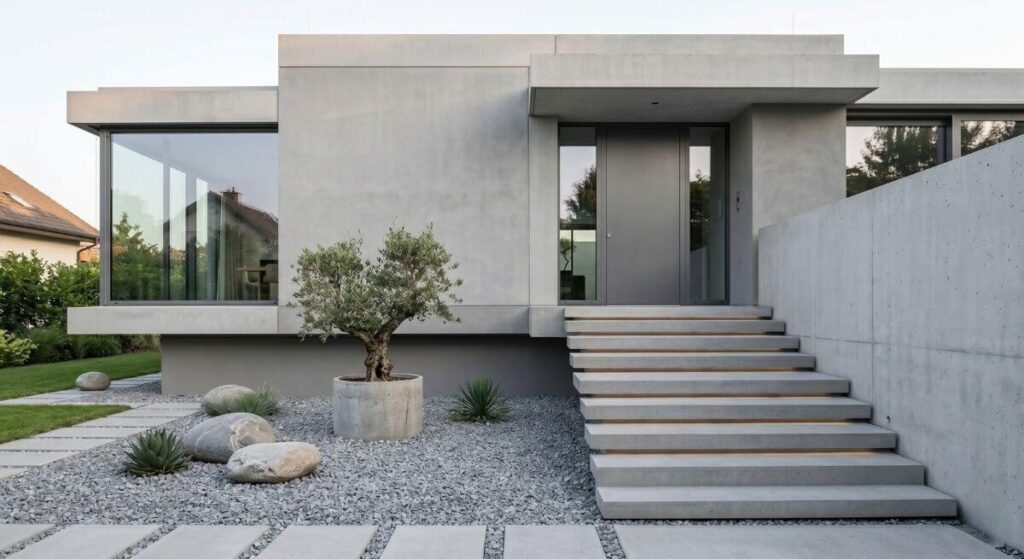 Monolityczne bloki szarego betonu o idealnie prostych krawędziach tworzące surowe wejście.