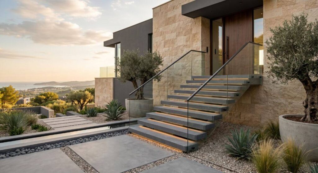 Szklane balustrady i podświetlane stopnie z wysokiej klasy kamienia w luksusowej posiadłości.