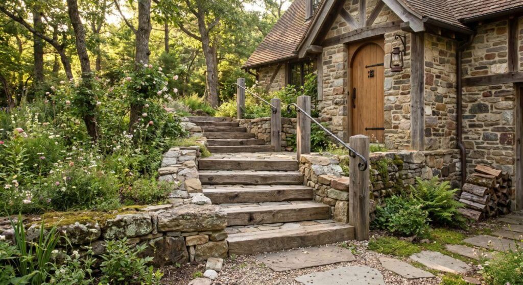 Wejście do wiejskiego domu z masywnymi schodami z drewnianych belek i polnego kamienia.