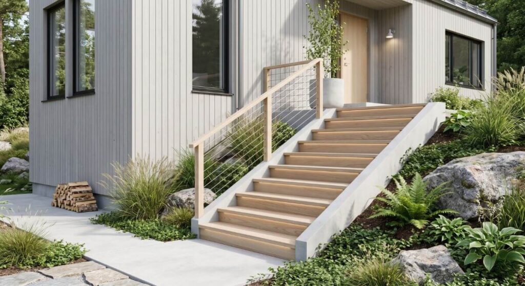 Jasne drewniane stopnie wkomponowane w betonową ramę w otoczeniu skandynawskiej roślinności.