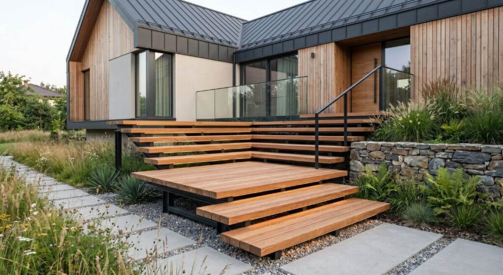 Drewniane stopnie na czarnej stalowej konstrukcji przed domem typu nowoczesna stodoła – inspiracje na schody zewnętrzne.