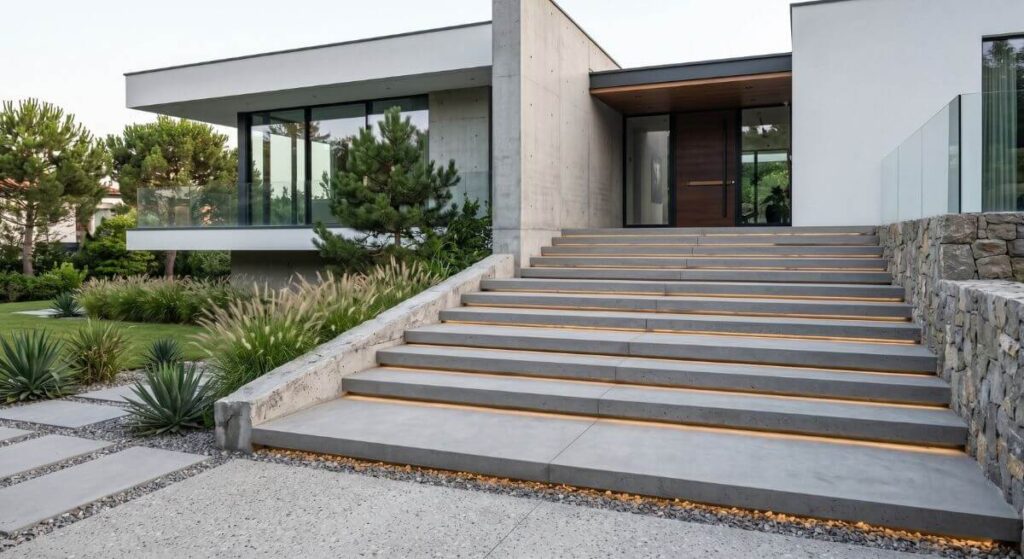 Nowoczesna willa z szerokimi betonowymi stopniami i oświetleniem LED – inspiracje na schody zewnętrzne.
