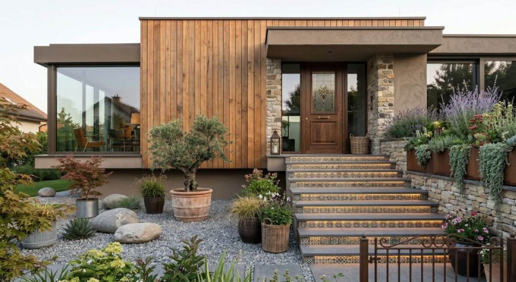 Schody z wzorzystych kafli połączone z drewnem i surowym betonem w unikalnym projekcie – inspiracje na schody zewnętrzne.