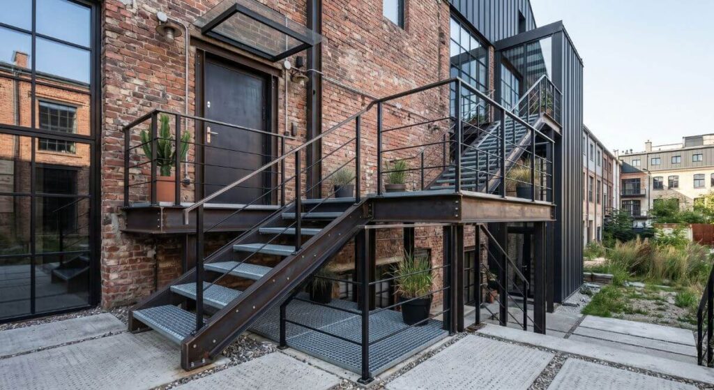 Surowe, stalowe schody o konstrukcji ażurowej na tle ceglanej elewacji loftu – inspiracje na schody zewnętrzne.