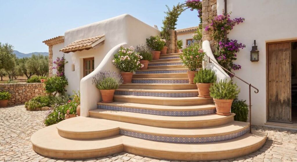 Szerokie stopnie z beżowego piaskowca ozdobione kolorową mozaiką i donicami z kwiatami.