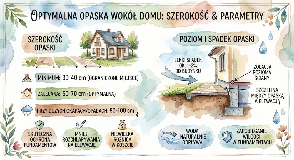 Optymalne wymiary i spadek opaski wokół domu Szerokość i spadek, jakie musi mieć najtańsza opaska wokół domu, aby poprawnie odprowadzać wodę