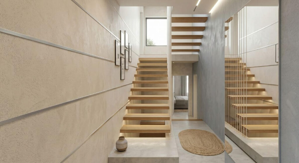 Wąskie schody z dużym lustrem i poziomymi liniami, które optycznie powiększają przestrzeń
