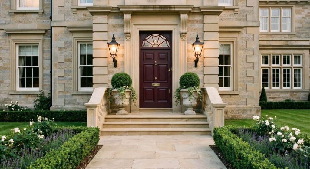 Reprezentacyjne klasyczne wejście do domu - inspiracje z symetrycznymi schodami z kamienia.