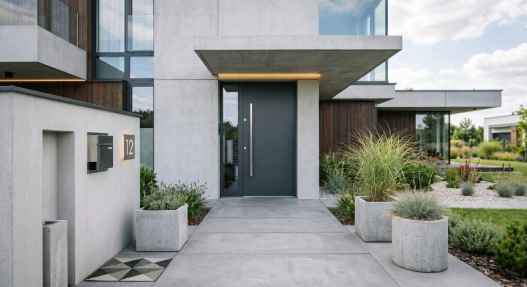 Minimalistyczne wejście do domu - inspiracje z betonowymi płytami i antracytowymi drzwiami.