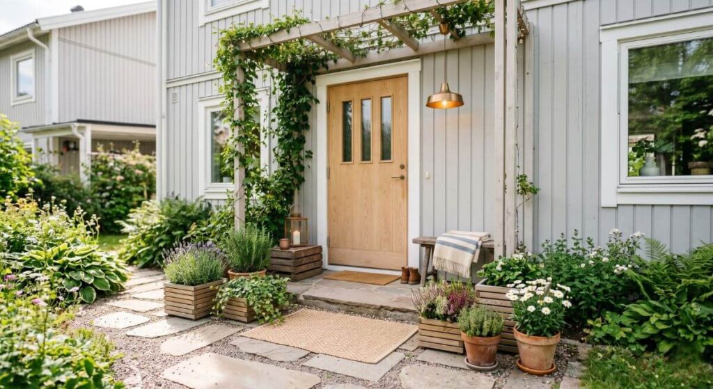 Jasna elewacja z drzwiami w kolorze naturalnego drewna i roślinami w skrzynkach.