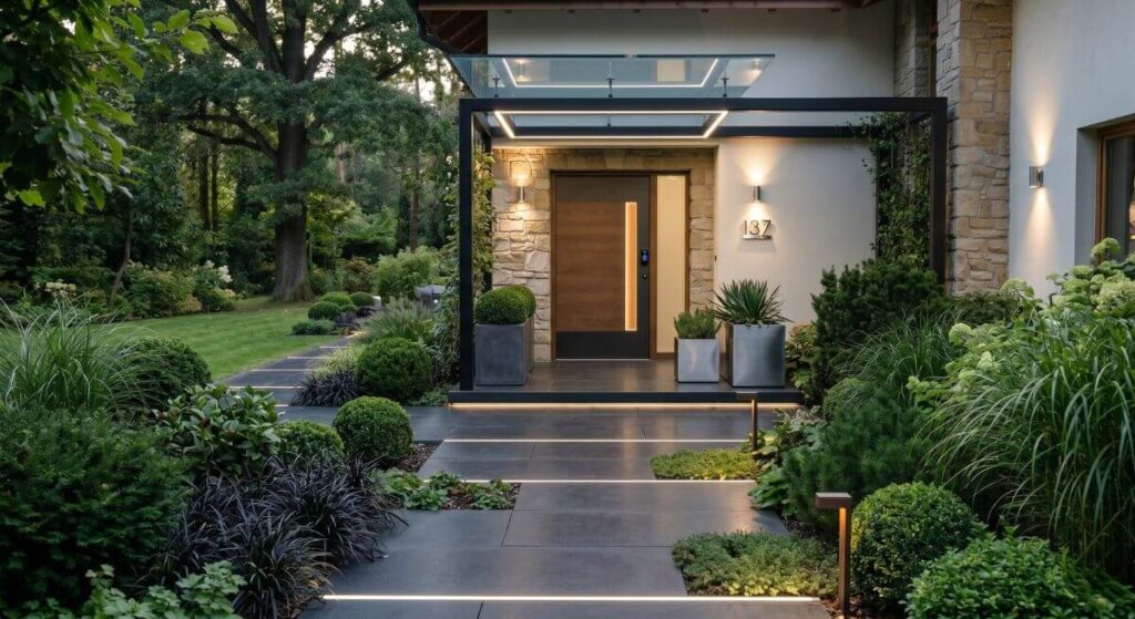 Luksusowe wejście do domu - inspiracje ze szklanym zadaszeniem i nowoczesnymi płytami nawierzchniowymi.