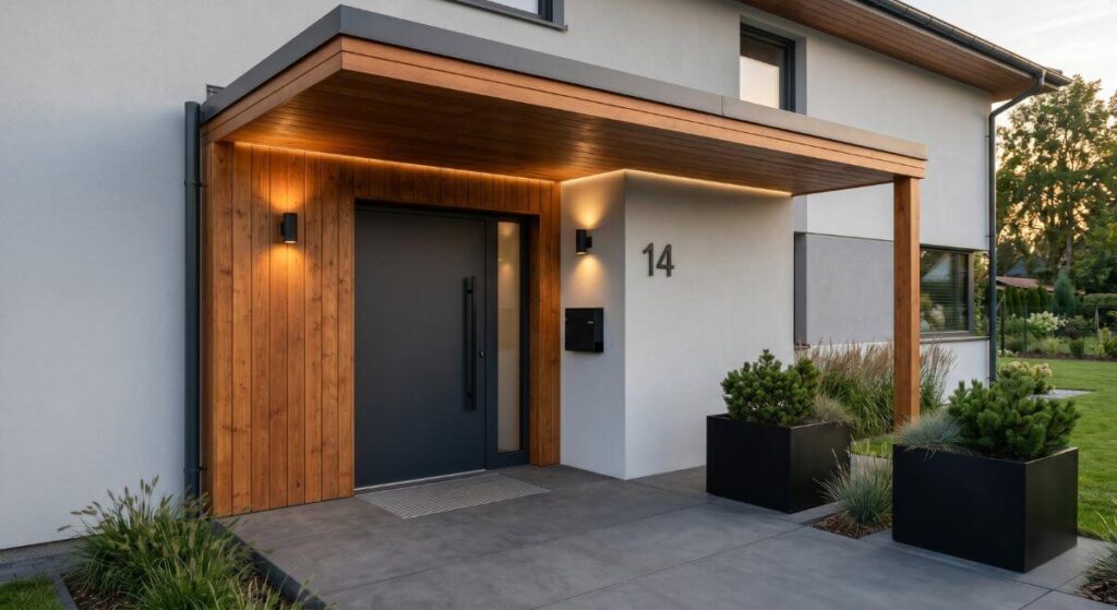 Kontrastowe zestawienie ciemnych drzwi wejściowych i ciepłej drewnianej okładziny na elewacji.